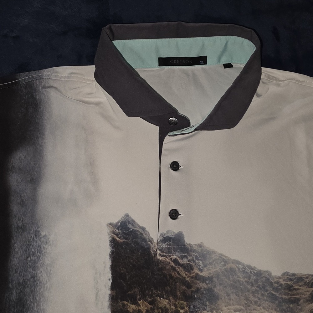 GREYSON Mens XL Polo Shirt Rocks Edge Arctic Waterfall Print Golf Art